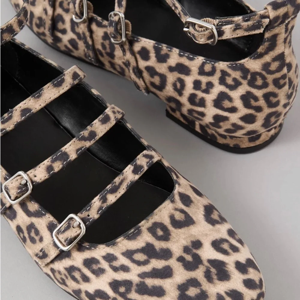 American Eagle Outfitters Leopard-Print Buckled Ankle Flats - Tan & Black 8